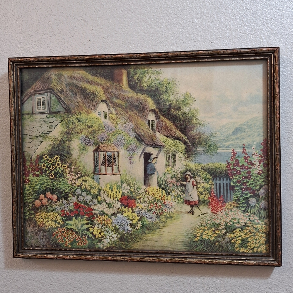 Vintage JR Thornton Framed Print "There's No Place Like Home" English Cottage